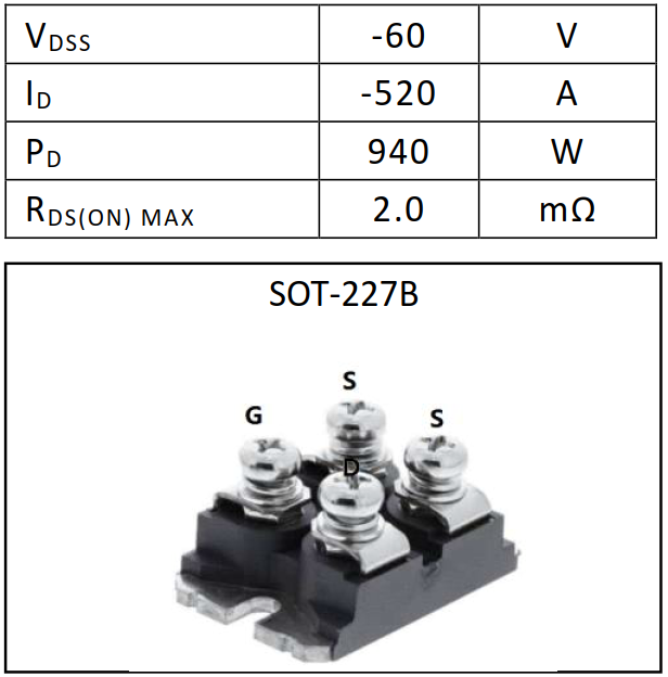 大电流PMOS 520A/60V场效应管